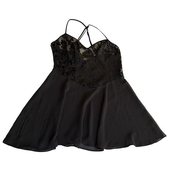Lingerie Cacique Babydoll Slip Dress Women Medium Black Velvet Burnout VTG Sheer - Picture 1 of 10